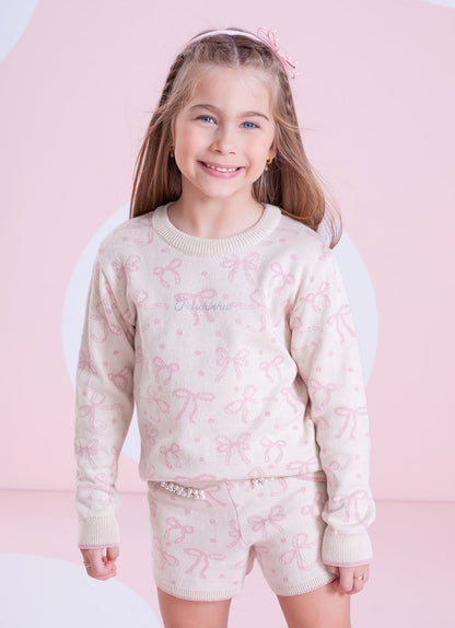 Conjunto Infantil Tricot Jacquard Multi-laços Ninive Blusa e Shorts Bolsos Bordados - Pituchinhus