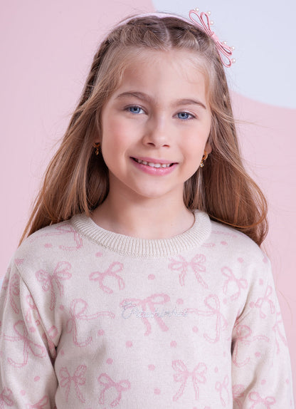 Conjunto Infantil Tricot Jacquard Multi-laços Ninive Blusa e Shorts Bolsos Bordados - Pituchinhus