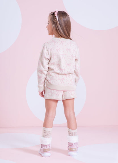 Conjunto Infantil Tricot Jacquard Multi-laços Ninive Blusa e Shorts Bolsos Bordados - Pituchinhus