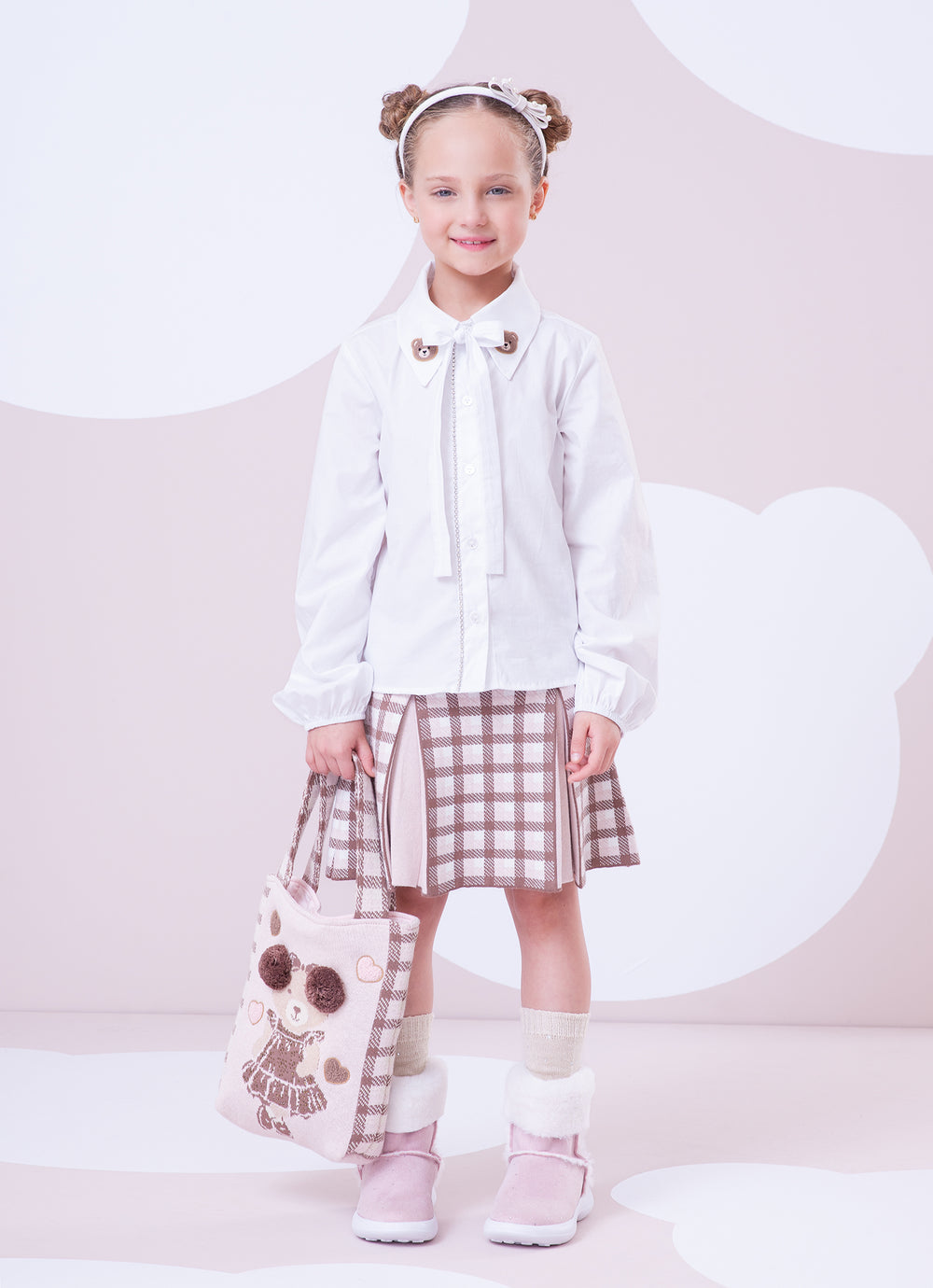 Camisa Infantil Algodão Cristais e Patche Ursinha Branca - Pituchinhus