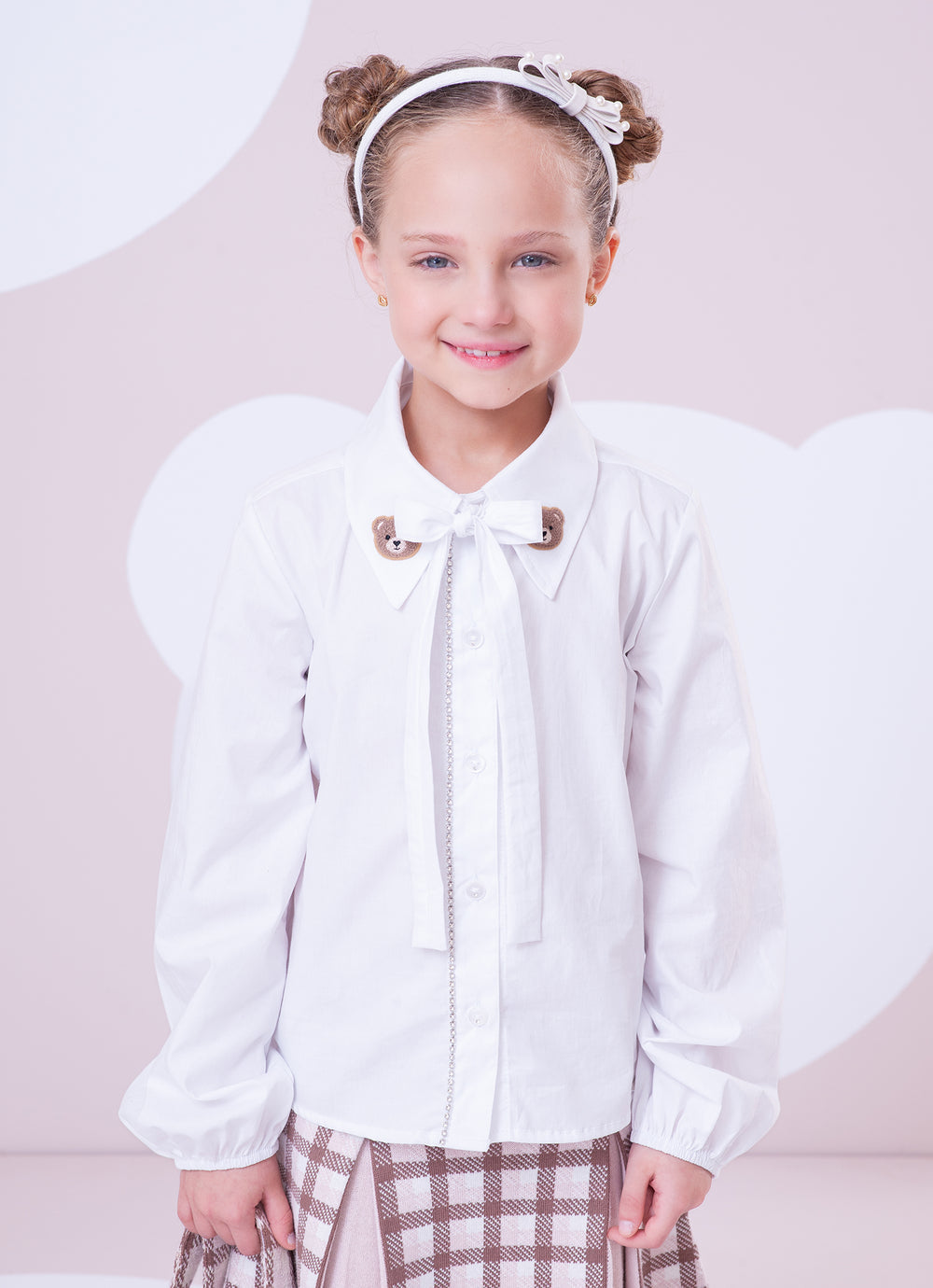 Camisa Infantil Algodão Cristais e Patche Ursinha Branca - Pituchinhus