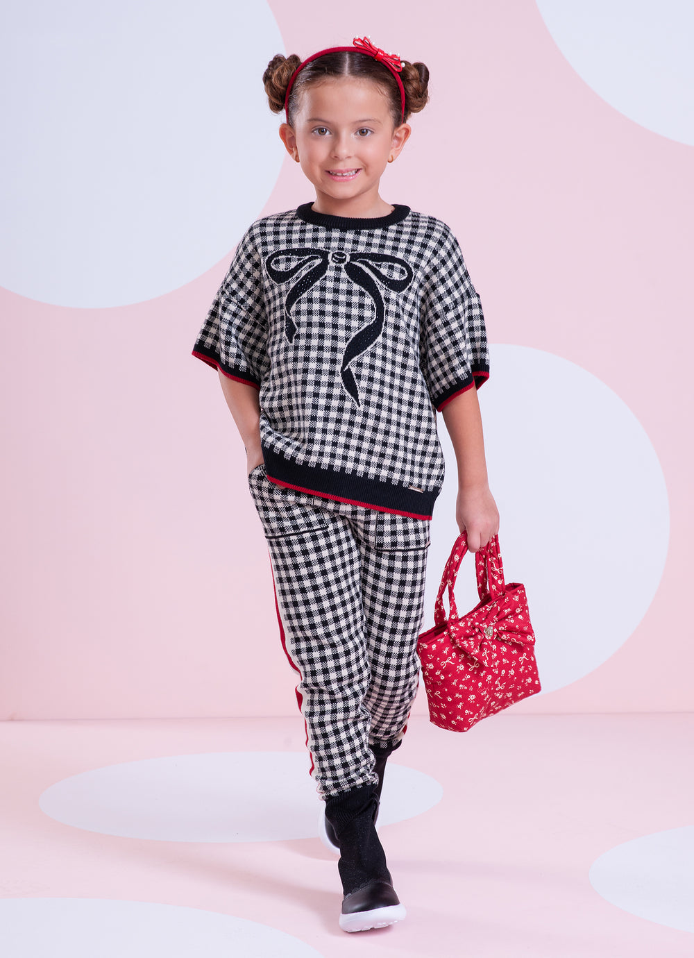 Conjunto Infantil Blusa e Calça Jogging Tricot Xadrez Laço Strass - Pituchinhus