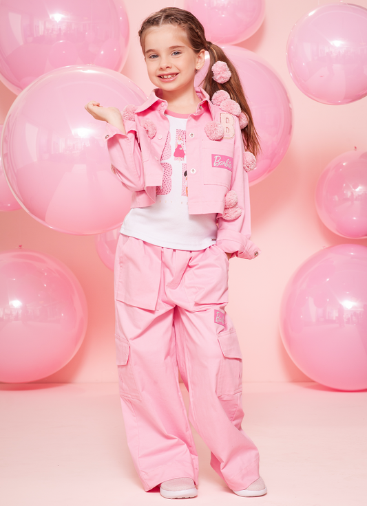 Conjunto Infantil Sarja Jaqueta Multi-Patches Barbie Pompom e Calça Patches Barbie Rosa Romântico - Pituchinhus PRÉ-VENDA