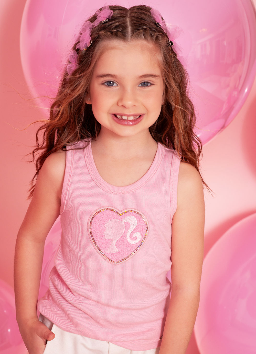 Conjunto Infantil Regata Patche Coração Barbie e Saia Sarja Pregas Patche Barbie Rosa Romântico - Pituchinhus
