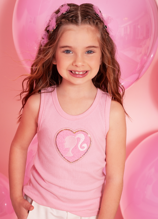 Conjunto Infantil Regata Patche Coração Barbie e Saia Sarja Pregas Patche Barbie Rosa Romântico - Pituchinhus PRÉ-VENDA
