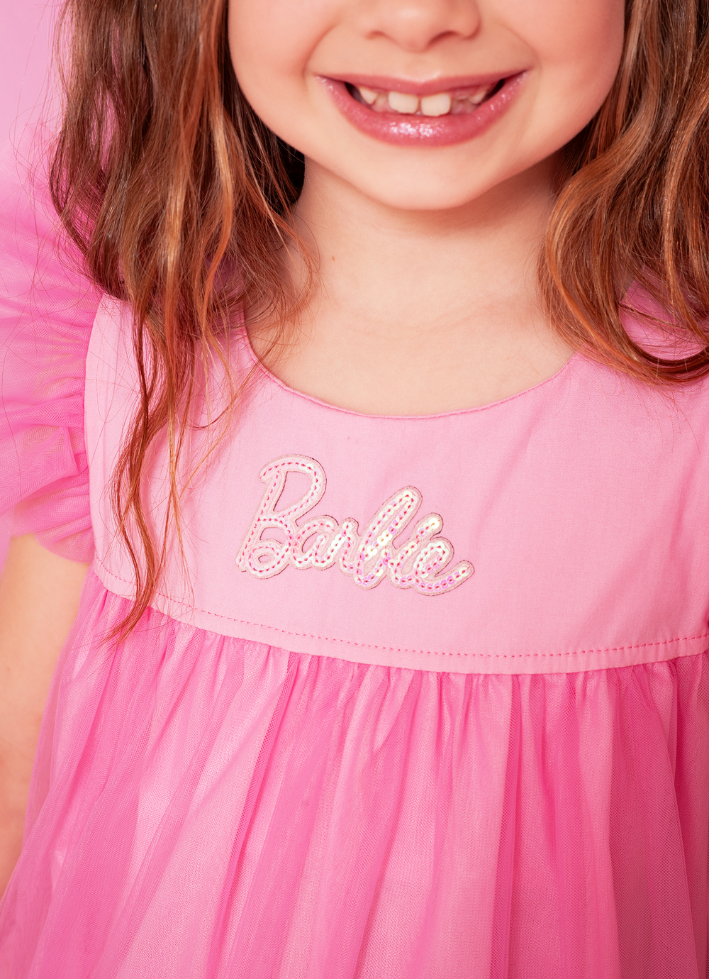 Vestido Infantil Tule Patche Barbie Rosa Ópera - Pituchinhus