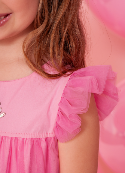 Vestido Infantil Tule Patche Barbie Rosa Ópera - Pituchinhus