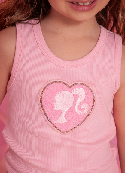 Conjunto Infantil Regata Patche Coração Barbie e Saia Sarja Pregas Patche Barbie Rosa Romântico - Pituchinhus