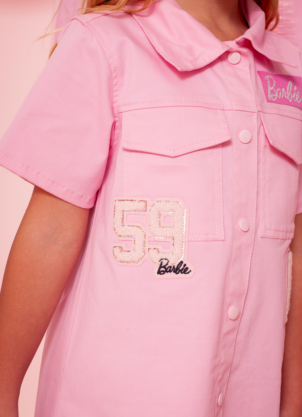 Vestido Infantil Sarja Bolsos Patches Barbie Rosa Romântico - Pituchinhus