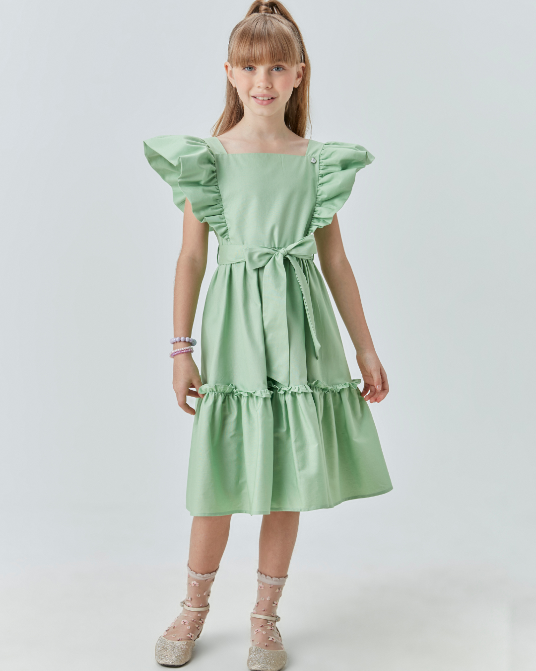 Vestido Infantil Midi Algodão Verde Claro - Um Mais Um