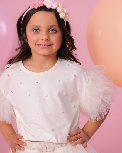 Blusa Infantil de Algodão com Babados de Tule Pérolas e Cristais - Pituchinhus