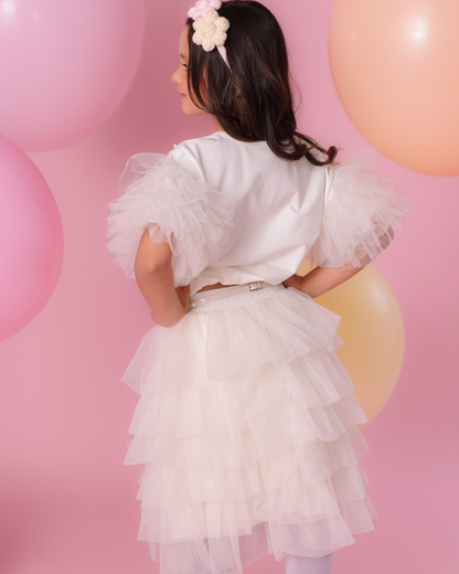 Blusa Infantil de Algodão com Babados de Tule Pérolas e Cristais - Pituchinhus