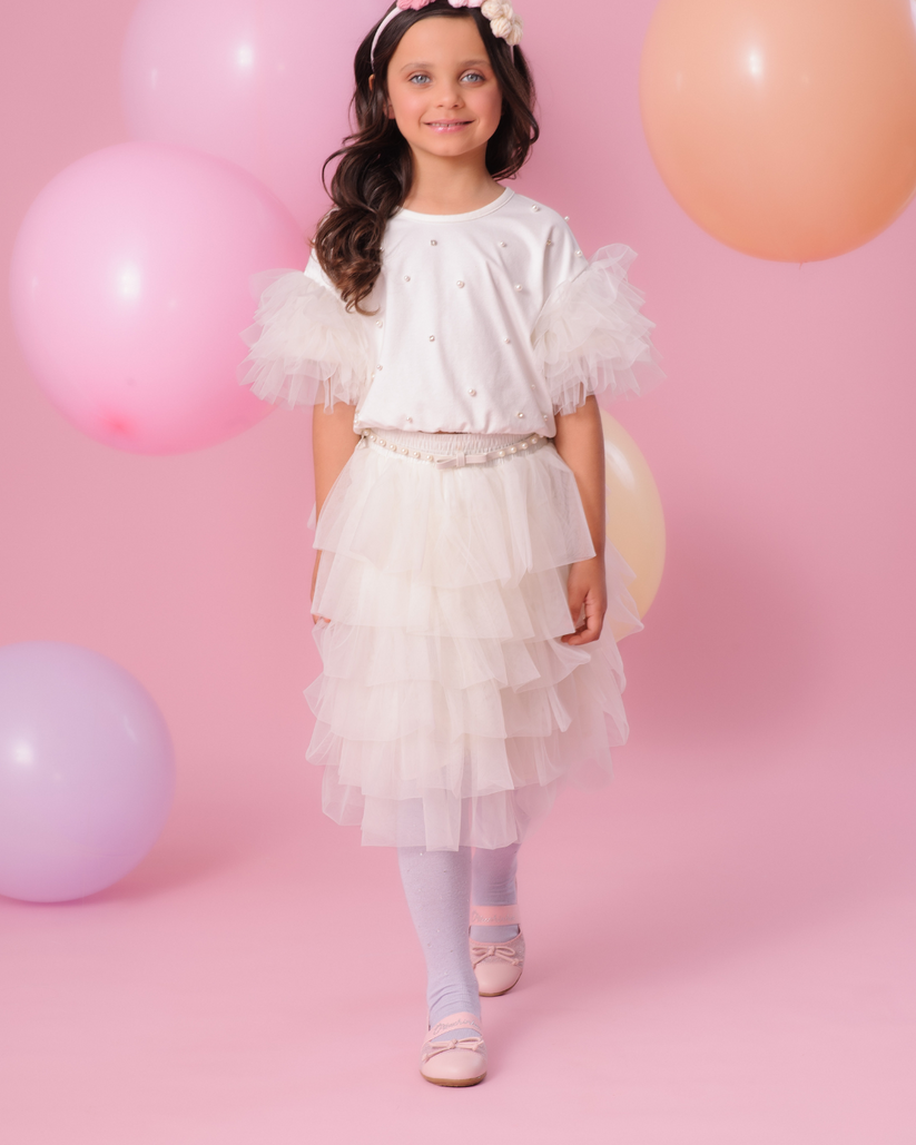 Blusa Infantil de Algodão com Babados de Tule Pérolas e Cristais - Pituchinhus