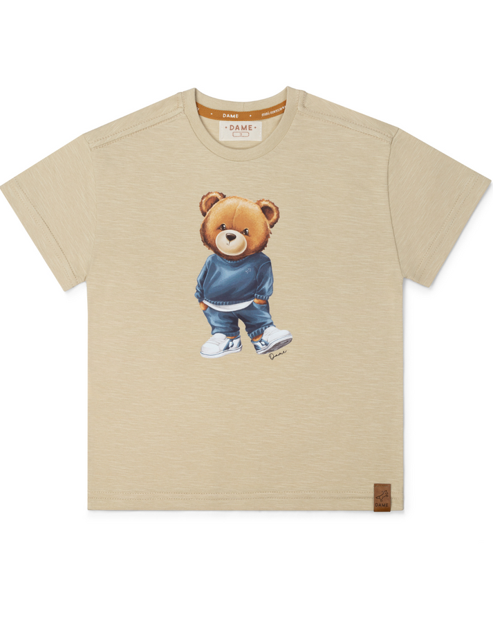 Conjunto Infantil Camiseta Teddy Hoodie Bege e Bermuda Moletom Elastano Elástico Listrado - Dame