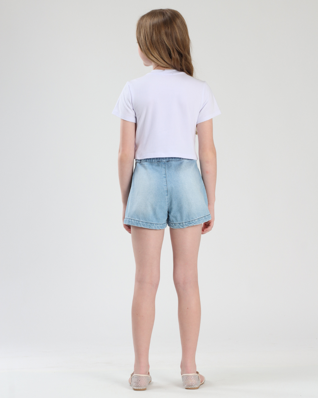 Conjunto Infantil Blusa Algodão Conchas e Shorts-saia Jeans Bordados e Crochê Estrelas do Mar - Luluzinha
