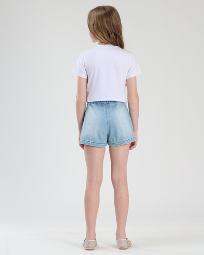 Conjunto Infantil Blusa Algodão Conchas e Shorts-saia Jeans Bordados e Crochê Estrelas do Mar - Luluzinha