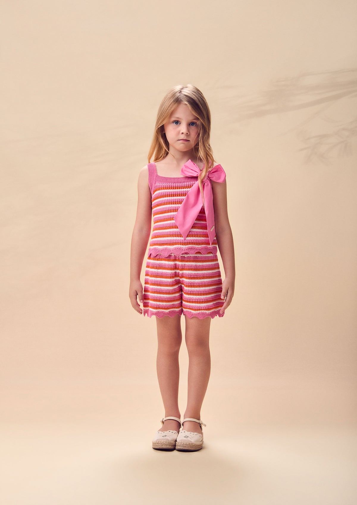 Conjunto Infantil Em Tricoline Listrado Blusa Laço Maxxi e Shorts Barra Andulada - Animê