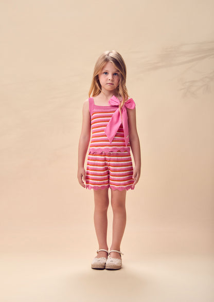 Conjunto Infantil Em Tricoline Listrado Blusa Laço Maxxi e Shorts Barra Andulada - Animê