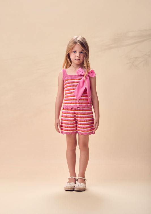 Conjunto Infantil Em Tricoline Listrado Blusa Laço Maxxi e Shorts Barra Andulada - Animê - Pré Venda