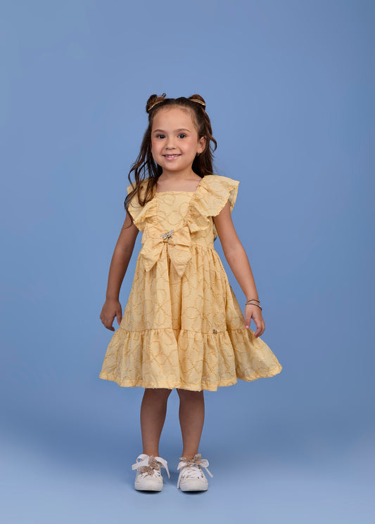 Vestido Infantil Amarelo Bordado de Flores 3D e Laço Com Libélula Metálica - Gabriela Aquarela