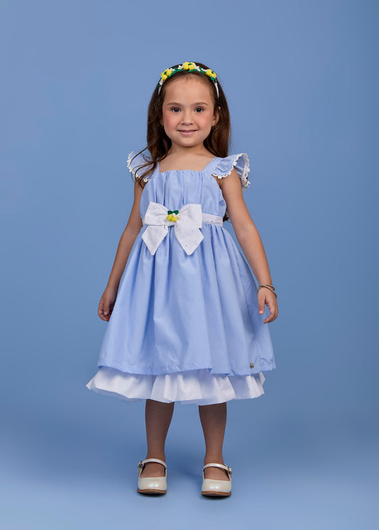 Vestido Infantil Tricoline Azul Listrado Laço Com Limões e Barra Em Tule - Gabriela Aquarela