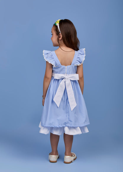 Vestido Infantil Tricoline Azul Listrado Laço Com Limões e Barra Em Tule - Gabriela Aquarela