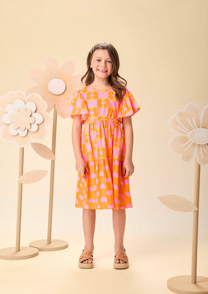 Vestido Infantil Laranja Floral com Saia em Camadas - Momi