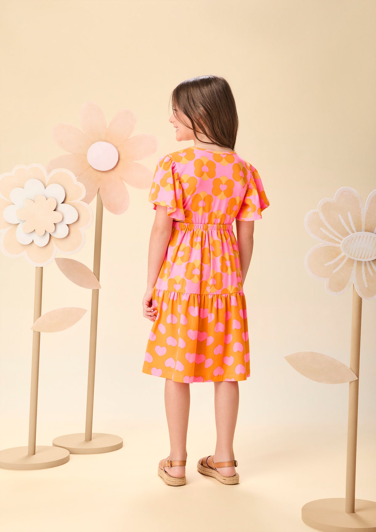 Vestido Infantil Laranja Floral com Saia em Camadas - Momi