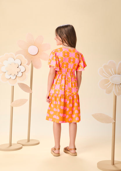 Vestido Infantil Laranja Floral com Saia em Camadas - Momi