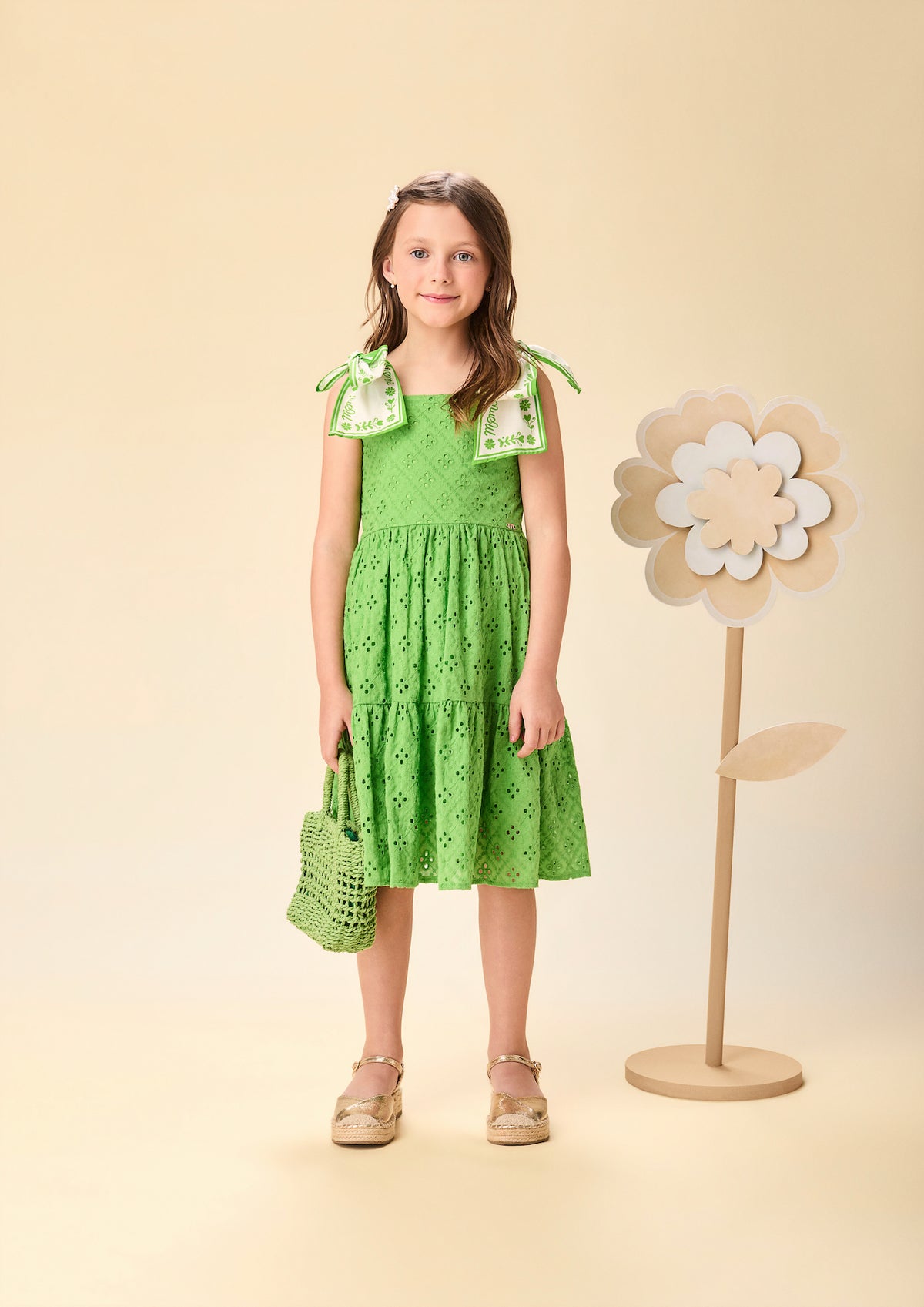 Vestido Infantil Laise Bordado Flores Verde - Momi