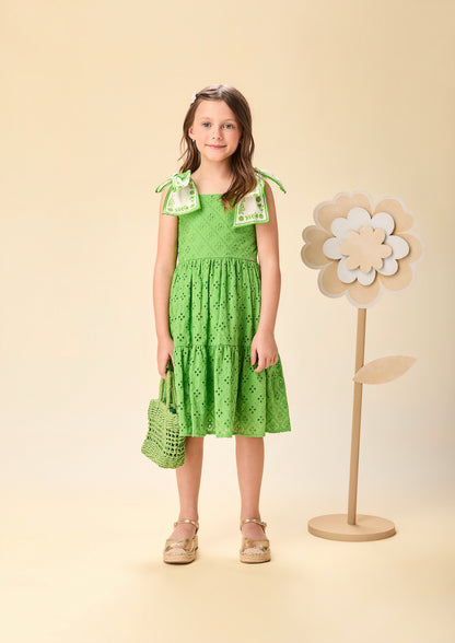 Vestido Infantil Laise Bordado Flores Verde - Momi