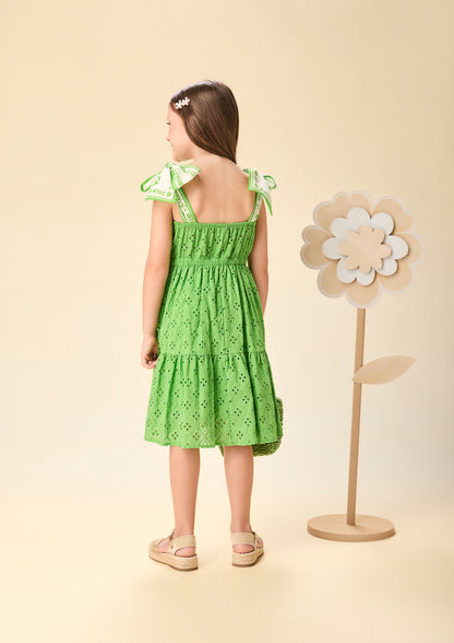 Vestido Infantil Laise Bordado Flores Verde - Momi