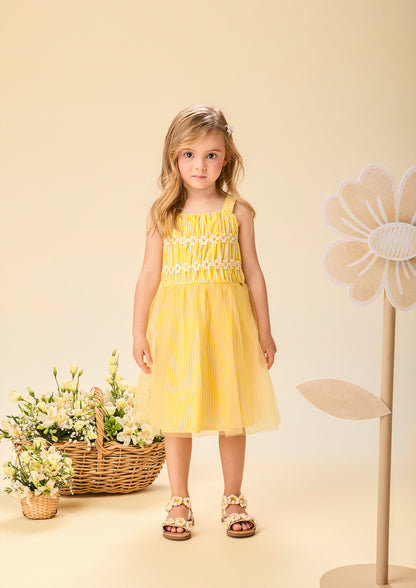 Vestido Listrado Com Tule e Aplicação de Flores - Momi