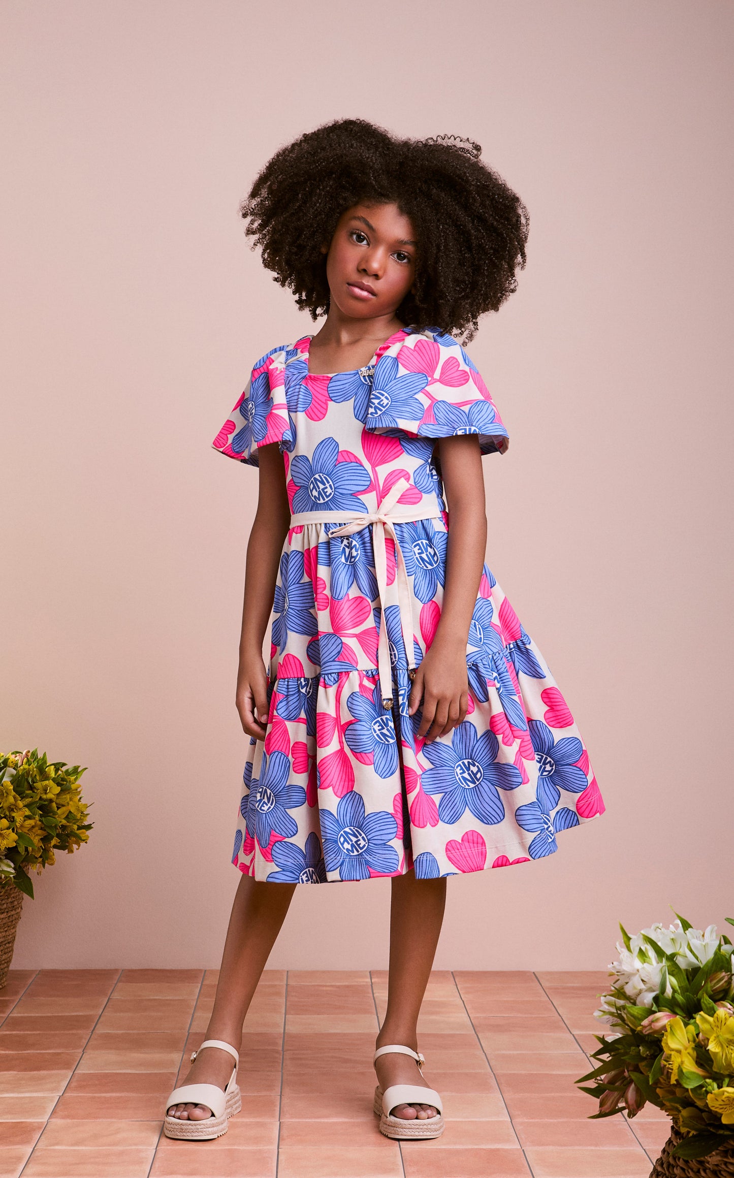 Vestido Infantil Mangas Amplas Flores Azuis - Animê