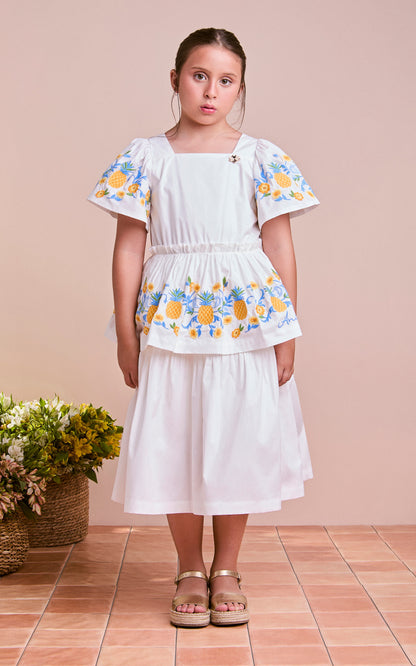 Vestido Infantil Conceito Babados Bordado Abacaxi - Animê