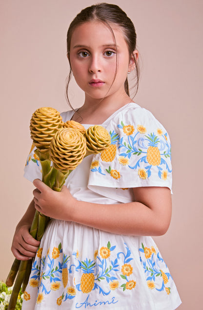Vestido Infantil Conceito Babados Bordado Abacaxi - Animê