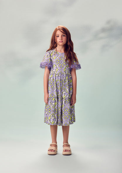 Vestido Infantil Minnie Mouse Flores e Arabescos Lilás - Animê