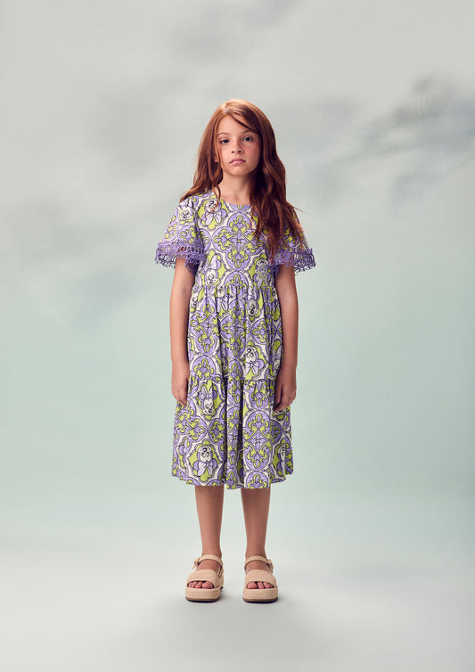 Vestido Infantil Minnie Mouse Flores e Arabescos Lilás - Animê