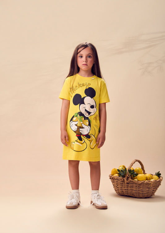 Vestido Infantil Disney Amarelo Mickey e Minnie Limões - Animê - Pré Venda