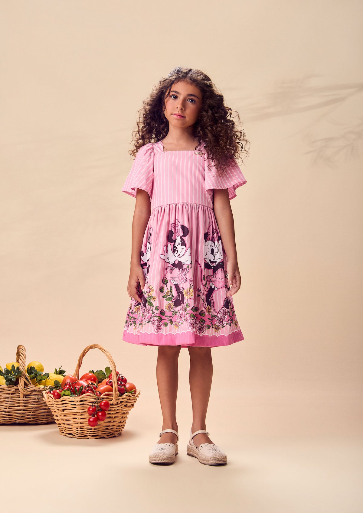 Vestido Infantil Rosa Listrado Minnie Floral - Animê