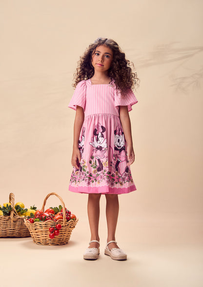 Vestido Infantil Rosa Listrado Minnie Floral - Animê
