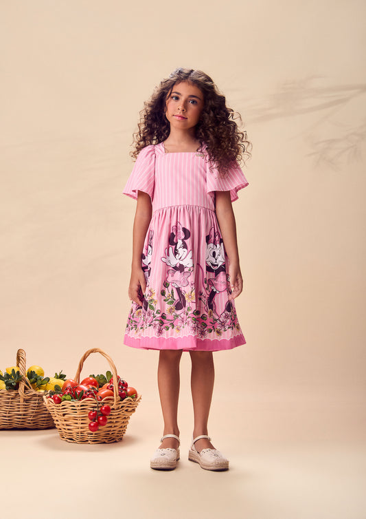 Vestido Infantil Rosa Listrado Minnie Floral - Animê