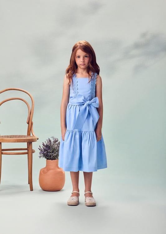Vestido Infantil Azul Claro Rendinha Laço Maxxi - Animê