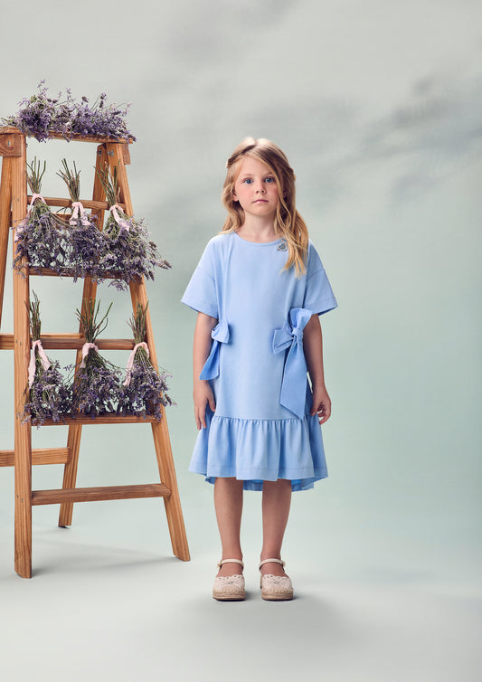 Vestido Infantil Azul Claro Laços Laterais Babado Na Barra - Animê