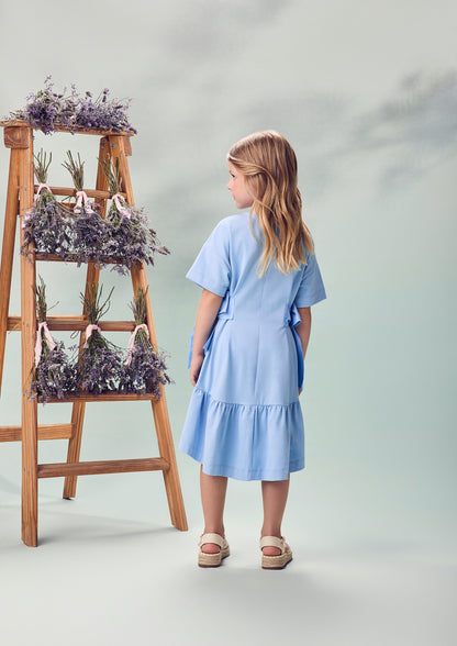 Vestido Infantil Azul Claro Laços Laterais Babado Na Barra - Animê