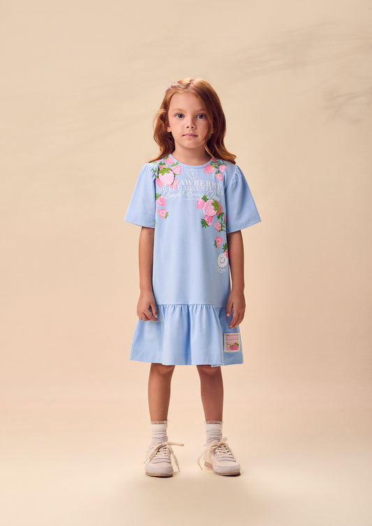 Vestido Infantil Azul Estampa Exclusiva Strawberry - Animê - Pré Venda