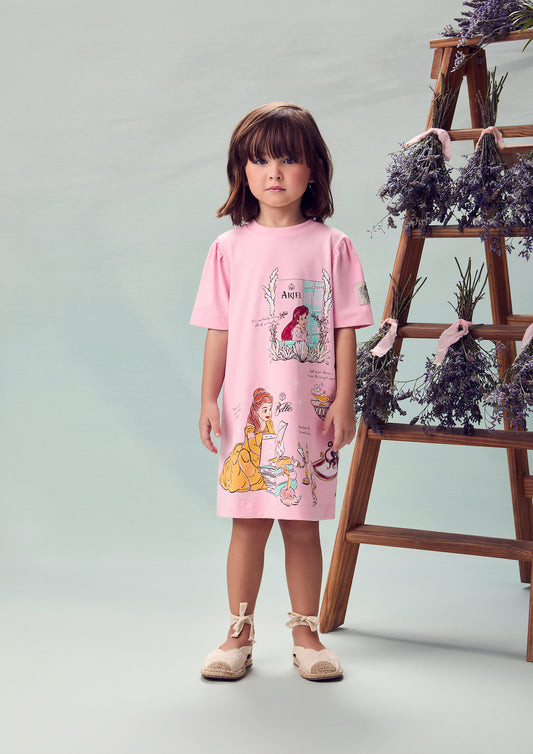 Vestido Infantil Rosa Estampa Disney Princesas - Animê - Pré Venda