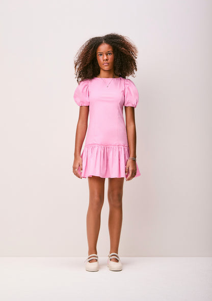 Vestido Teen Tricoline Rosa Com Mangas Bufantes - Authoria