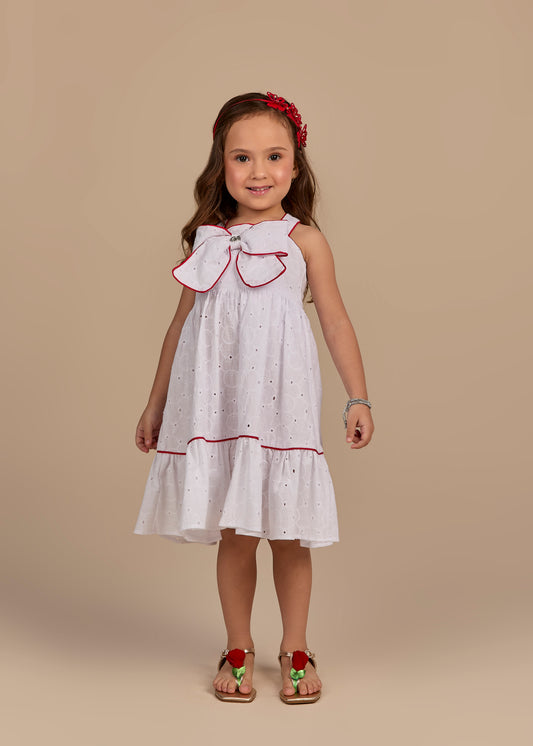 Vestido Infantil Laise Branco Com Detalhes Vermelho e Laço Maxxi - Gabriela Aquarela
