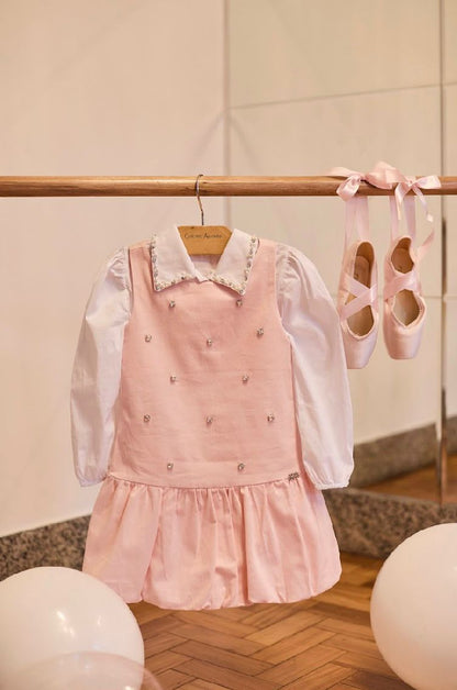Vestido Infantil Ballet Com Cristais Rosa Com Camisa Gola Cristais Branca - Gabriela Aquarela